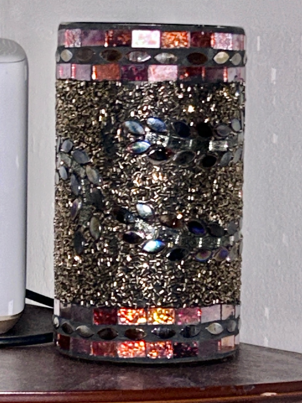 Mosaic Glass Candle Holder or Vase or Decor  - Gold & Iridescent Wine Dark Color